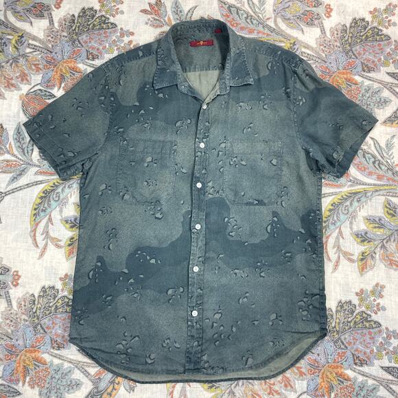 7 For All Mankind Linen Green Camouflage Style Short Sleeve Button Shirt M Camo - Picture 1 of 7